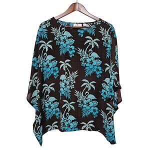 Quacker Factory Kimono Top Brown Blue Palm Trees Flamingos Cover Up Women's S